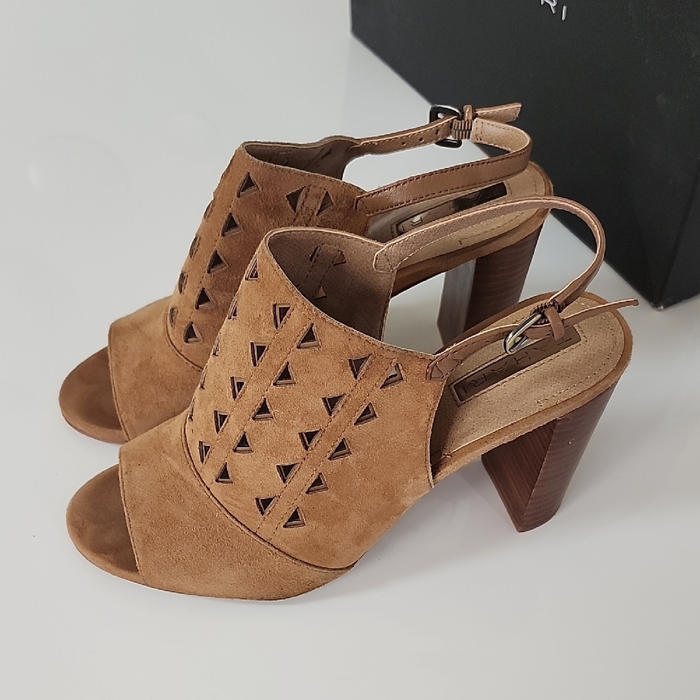 Tahari Tan Heels with Geometric Cutout Design